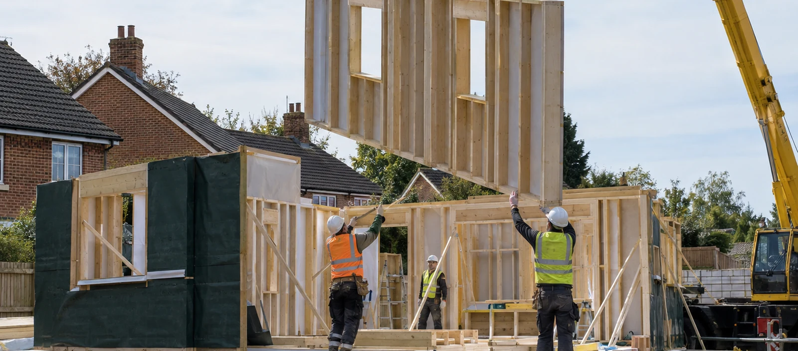 Timber-frame wall panel being lifted into place