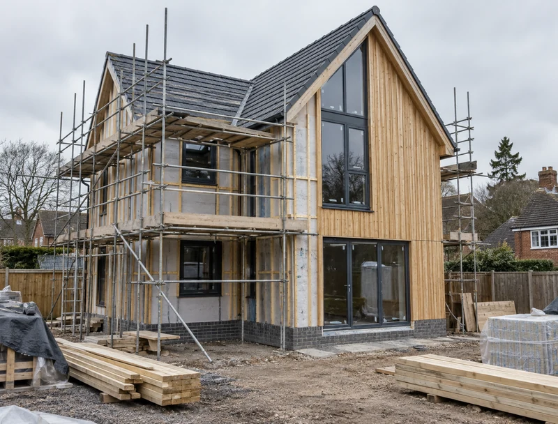 Illustrative timber-frame home under construction