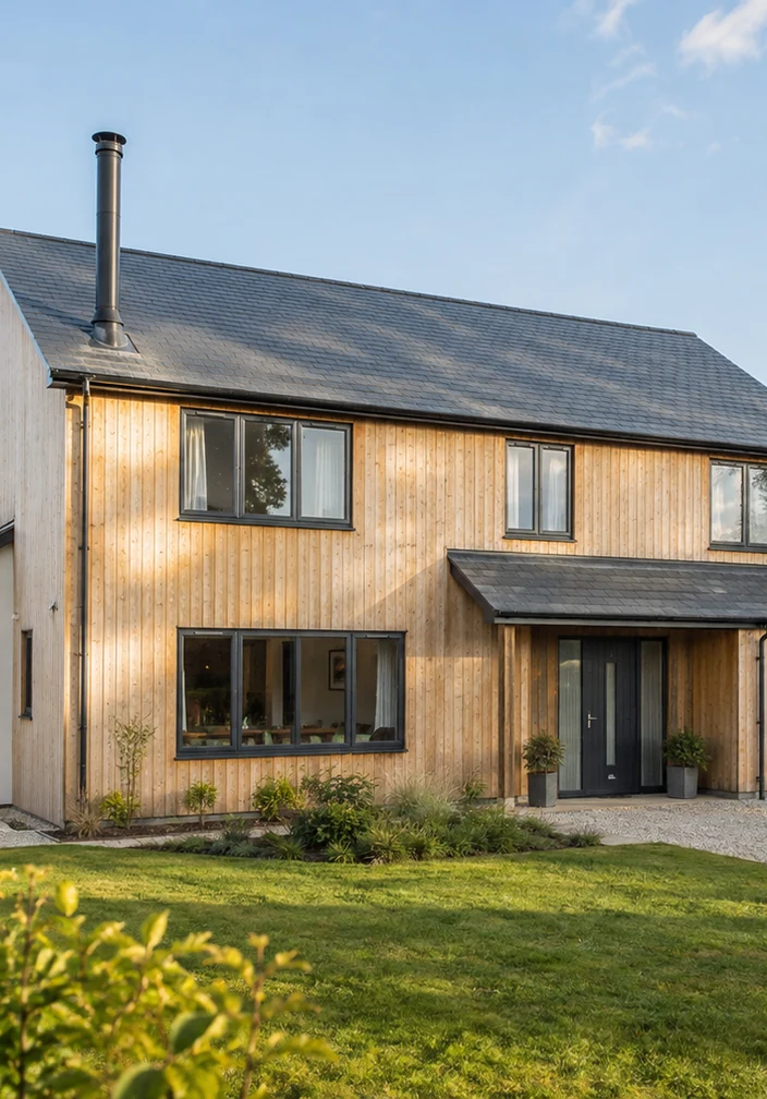 Illustrative completed timber-clad house