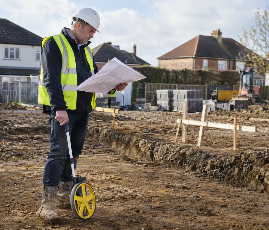 Surveyor reviewing plans on a residential construction site