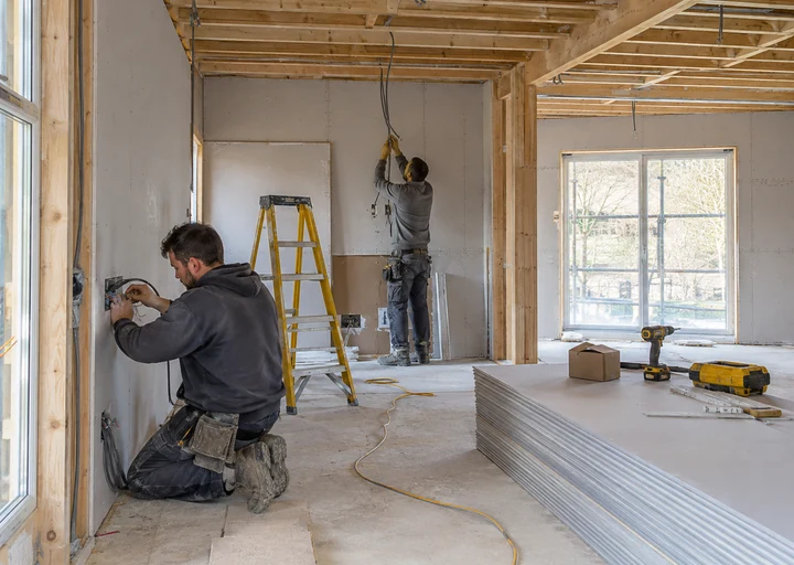 Trades working inside a timber-frame home