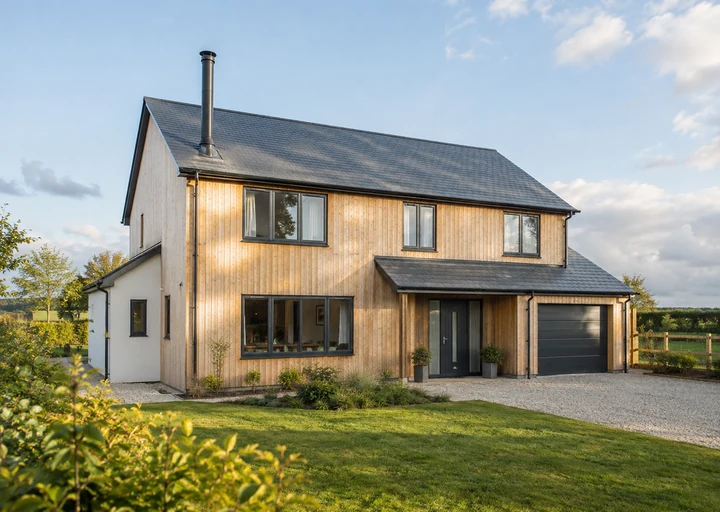 Illustrative completed timber-clad home